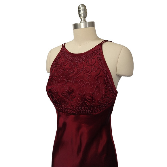 Vintage 90s Prom Dress Size S Burgundy Satin Maxi Strappy High Neck Blondie & Me - Picture 8 of 13